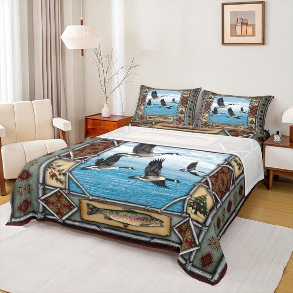 jejeloiu Wild Mallard Duck Queen Sheet Sets,Retro Aztec Geometric Flat Sheet,Rustic Pine Tree Queen Fitted Sheet For Men Women,Ultra Soft Home Decor,4-Piece