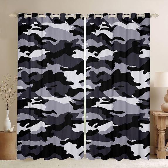 jejeloiu Wild Military Camo Black Out Curtains,White Black Gray Curtains Pack of 2 (42x63 Each) For Kids