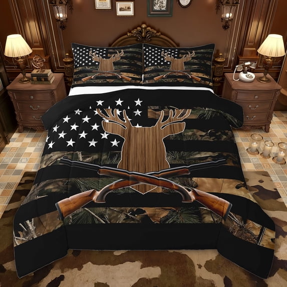 jejeloiu Wild Military Camo Full Size Comforter Sets,Jungle Deer Hunting Bedding Sets For Kids Reversible 3pcs