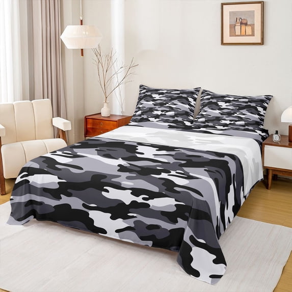 jejeloiu Wild Military Camo Full Size Sheets,White Black Gray Bed Sheets For Kids 4 Pieces