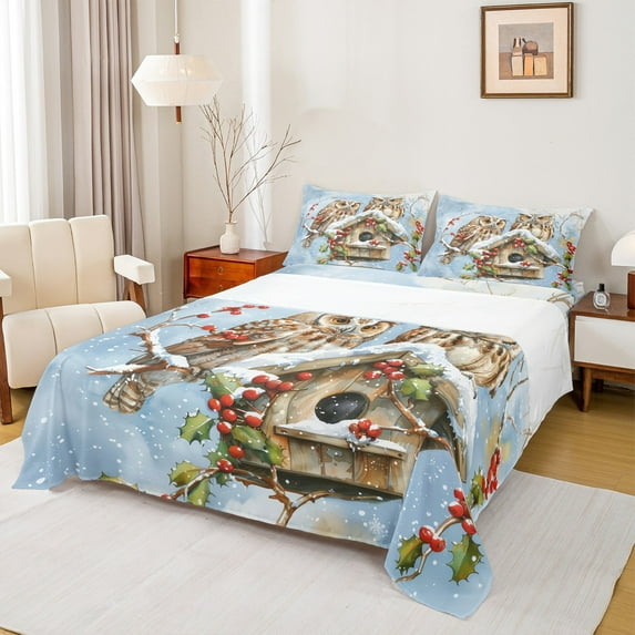 jejeloiu Wild Owl Red Xmas Berry Merry Christmas Snowflake King Sheet Set,Red White Girl Bedding,4pcs