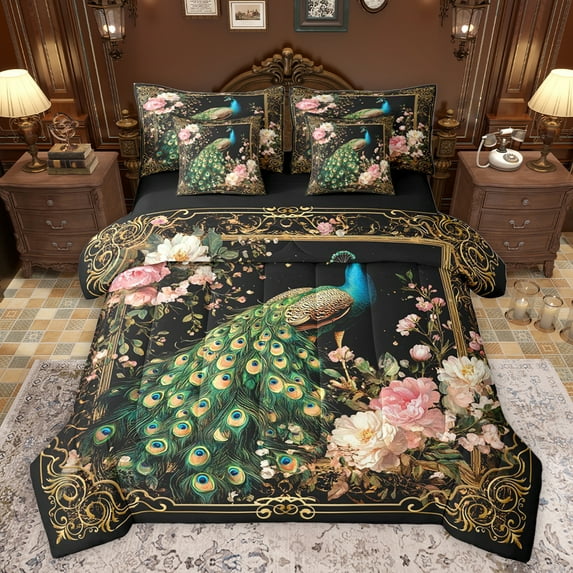 jejeloiu Wild Peacock 7-Piece Twin Bedding Sets,Zoo Animal Bedding Comforter Set,Gold Damask Flowers Sheet Sets For Men Women,Breathable Home Decor Reversible