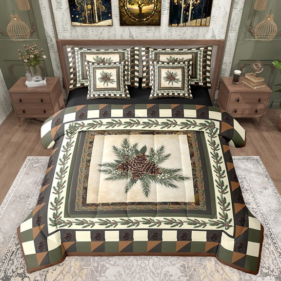 jejeloiu Wild Pine Cone 7pcs Bedding Comforter Set,Geometric Plaid Pattern Queen Bedding Sets,Brown Beige Green Queen Sheet Sets For Boys Kids,Breathable Home Decor Reversible