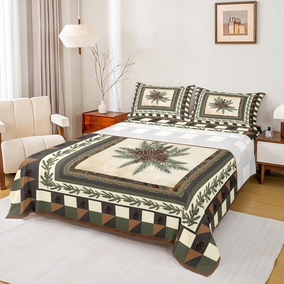 jejeloiu Wild Pine Cone Bed Sheets,Geometric Plaid Pattern King Sheets,Brown Beige Green Sheet Set For Boys Kids,Breathable Home Decor,4pcs