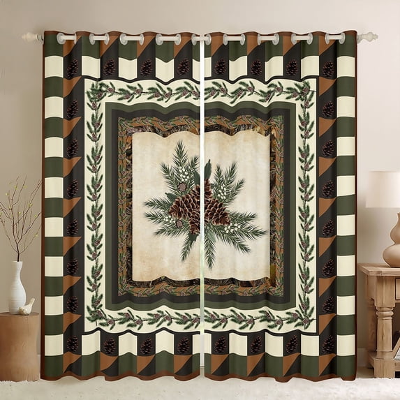 jejeloiu Wild Pine Cone Blackout Curtains Set of 2 (52x84 Each),Geometric Plaid Pattern Window Curtains,Brown Beige Green Curtains and Drapes For Boys Kids,Breathable Home Decor