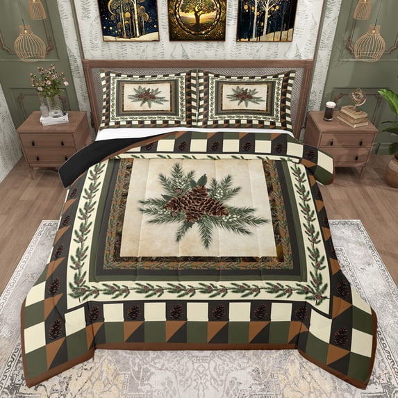 jejeloiu Wild Pine Cone Full Size Comforter Sets,Geometric Plaid Pattern Bedding Comforter Set,Brown Beige Green Bedding Sets For Boys Kids,Breathable Home Decor Reversible,3-Piece