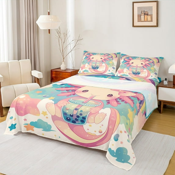 jejeloiu Wild Salamander Twin Sheet Sets,Blue Milk Tea Twin Fitted Sheet,Rainbow Stars Axolotl Flat Sheet For Boys Kids,Super Cozy Room Decor,3-Piece