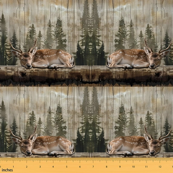 jejeloiu Wild Sika Deer Fabric by the Yard 1 Yard,Jungle Animal Home Decor Fabric by the Yard,Rustic Plant Pine Sewing Fabric For Boys Kids,Ultra Soft Home Decor