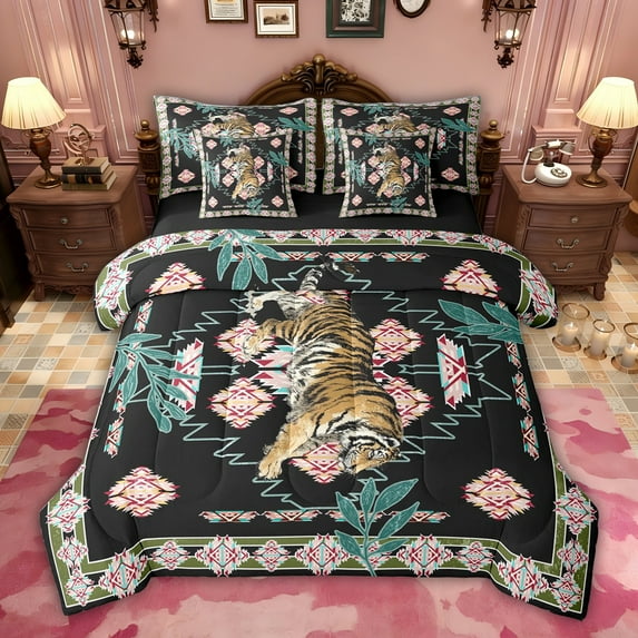 jejeloiu Wild Tiger Animal 7-Piece Twin Bedding Sets,Retro Batik Artwork Bedding Comforter Set For Men Women Reversible