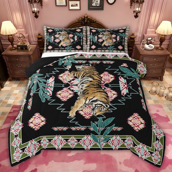 jejeloiu Wild Tiger Animal Queen Comforter Set,Retro Batik Artwork Bedding Comforter Set For Men Women Reversible 3pcs