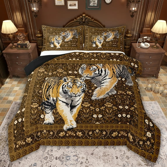 jejeloiu Wild Tiger Animal Twin Comforter Sets,Retro Rustic Flower Bedding Set For Men Women Reversible 2-Piece