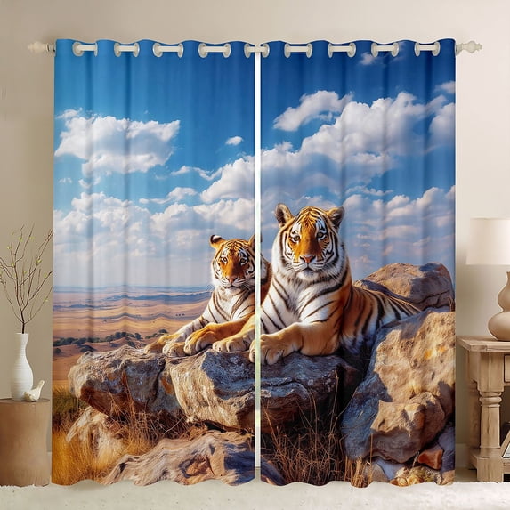jejeloiu Wild Tiger Print Black Out Curtains,Brown Blue Curtains Pack of 2 (42x63 Each) For Men Women
