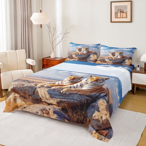 jejeloiu Wild Tiger Print Twin Sheet Sets,Brown Blue Bedding For Men Women 3pcs