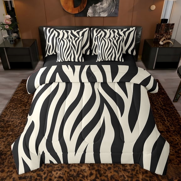 jejeloiu Wild Zebra Lines 7-Piece Twin Bedding Sets,Beige Geometric Stripes Bedding Comforter Set For Men Women Reversible