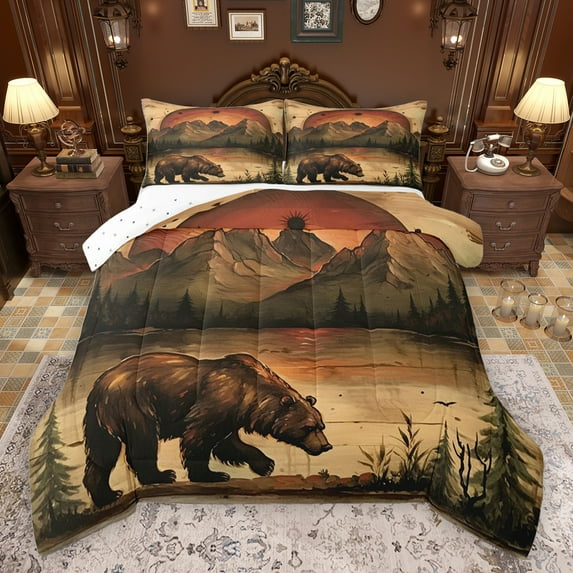 jejeloiu Wildlife Animal Bear Queen Comforter Set,Natural Landscape Bedding Sets,Retro Ink Painting Bedding Comforter Set For Boys,Super Cozy Room Decor Reversible,3 Pieces