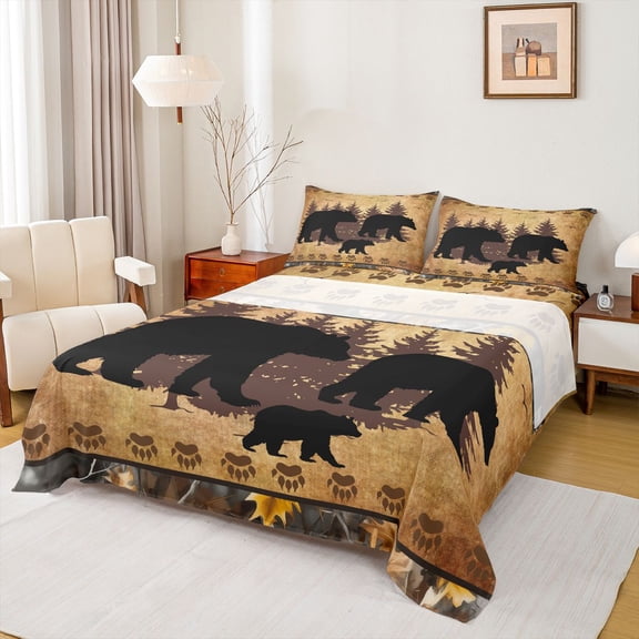 jejeloiu Wildlife Animal Bear Twin Sheet Sets,Country Farmhouse Lodge Twin Fitted Sheet,Rustic Plant Pine Flat Sheet For Boys,Super Cozy Room Decor,3 Pieces