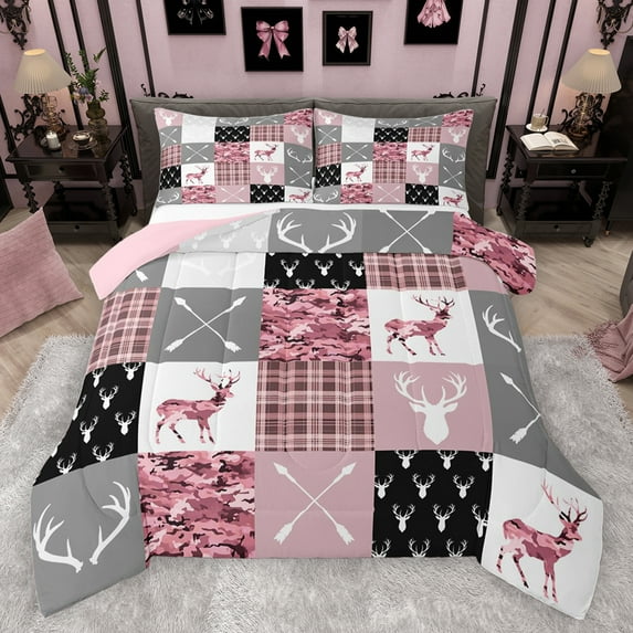 jejeloiu Wildlife Animals Elk Full Size Comforter Sets,Pink Camoufalge Bedding Comforter Set,Rustic Farmhouse Hunting Bedding Sets For Men Women,Super Cozy Room Decor Reversible,3-Piece