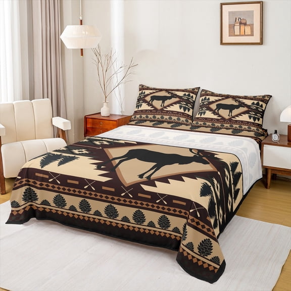 jejeloiu Wildlife Animals Elk Twin Sheet Sets,Bohemian Exotic Style Twin Fitted Sheet,Lake House Flat Sheet For Men Women,Super Cozy Room Decor,3pcs