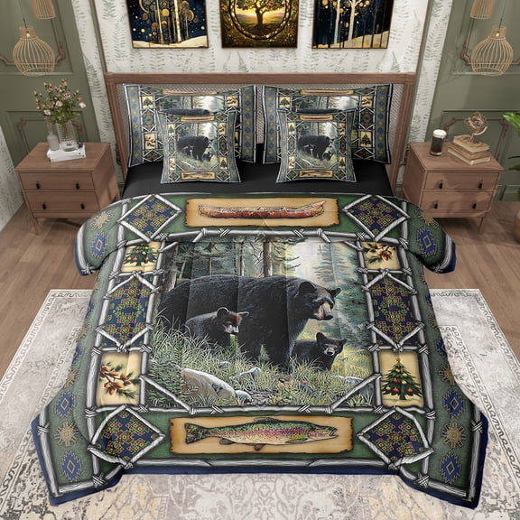 jejeloiu Wildlife Bear Animals 7pcs Bedding Comforter Set,Rustic Pine Cone Queen Bedding Sets,Fishing And Hunting Queen Sheet Sets For Girls Boys,Ultra Soft Home Decor Reversible