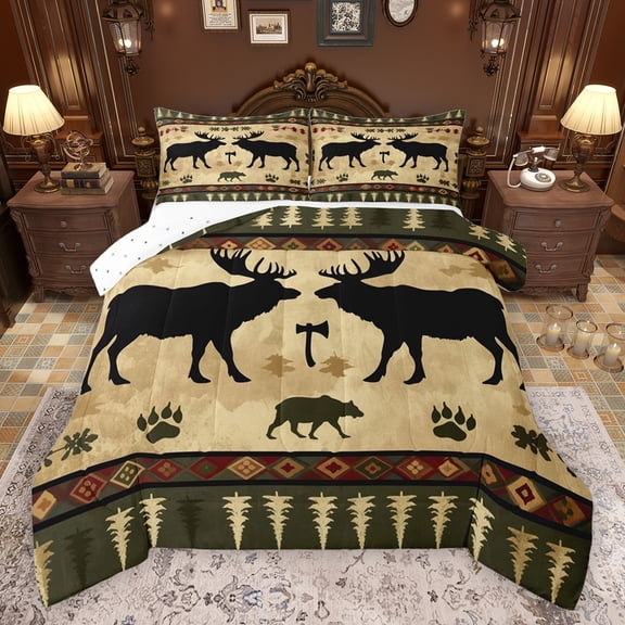 jejeloiu Wildlife Bear Deer Bedding Comforter Set,Vintage Bohemian Rhombus Twin Comforter Sets,Beige Black Green Bedding Set For Boys,Super Cozy Room Decor Reversible,2-Piece