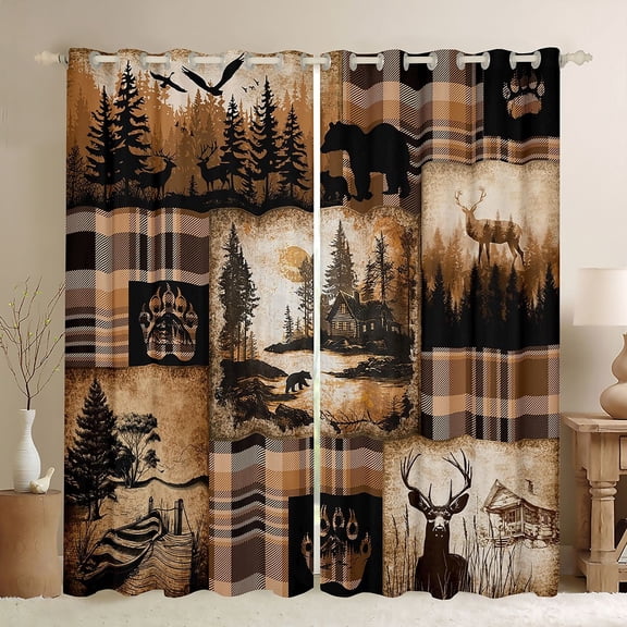 jejeloiu Wildlife Bear Deer Black Out Curtains,Country Farmhouse Lodge Curtains Pack of 2 (42x63 Each),Vinateg Checkered Pattern Bedroom Curtains For Boys,Super Cozy Room Decor