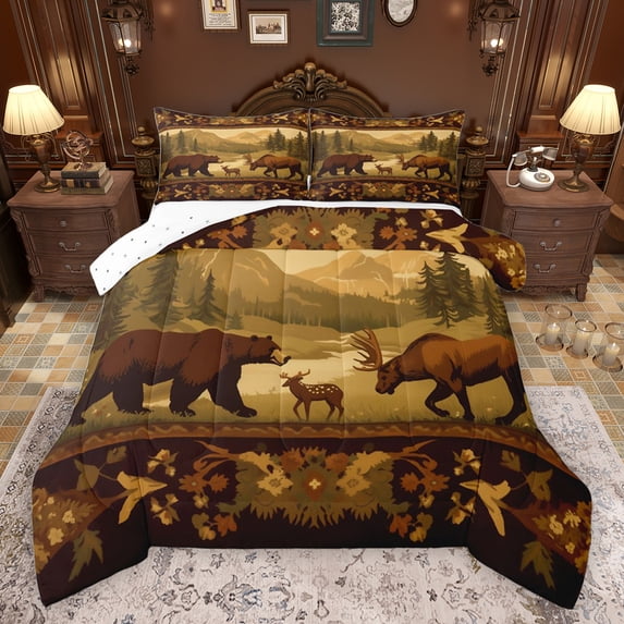 jejeloiu Wildlife Bear Deer Queen Comforter Set,Country Floral Flowers Bedding Sets,Beige Brown Bedding Comforter Set For Boys,Super Cozy Room Decor Reversible,3-Piece