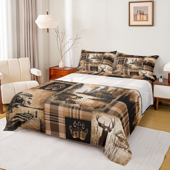 jejeloiu Wildlife Bear Deer Twin Sheet Sets,Country Farmhouse Lodge Twin Fitted Sheet,Vinateg Checkered Pattern Flat Sheet For Boys,Super Cozy Room Decor,3pcs