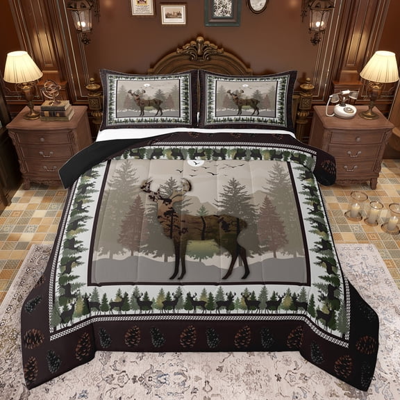 jejeloiu Wildlife Deer Animals Queen Comforter Set,Rustic Farmhouse Cabin Bedding Sets,Kawaii Pine Cone Bedding Comforter Set For Girls Boys,Ultra Soft Home Decor Reversible,3pcs