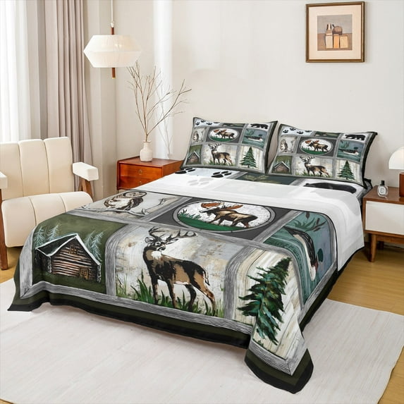 jejeloiu Wildlife Deer Moose Queen Sheet Sets,Rustic Farmhouse Cabin Flat Sheet,Kawaii Owl Queen Fitted Sheet For Girls Boys,Ultra Soft Home Decor,4pcs