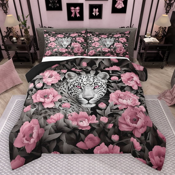 jejeloiu Wildlife Leopard Cheetah Full Size Comforter Sets,Jungle Animal Bedding Comforter Set,Pink Flower Floral Bedding Sets For Girls Boys,Ultra Soft Home Decor Reversible,3 Pieces