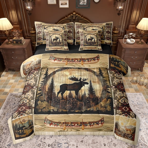 jejeloiu Wildlife Moose 7-Piece Bedding Comforter Set,Retro Aztec Print King Bedding Sets,Rustic Pine Cone Bed Sheets For Boys,Super Cozy Room Decor Reversible