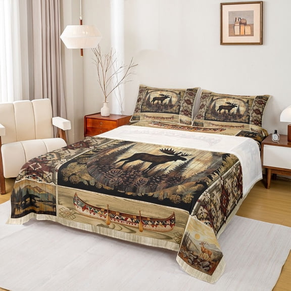 jejeloiu Wildlife Moose Twin 3-Piece Super Cozy Retro Aztec Pine Sheet Set