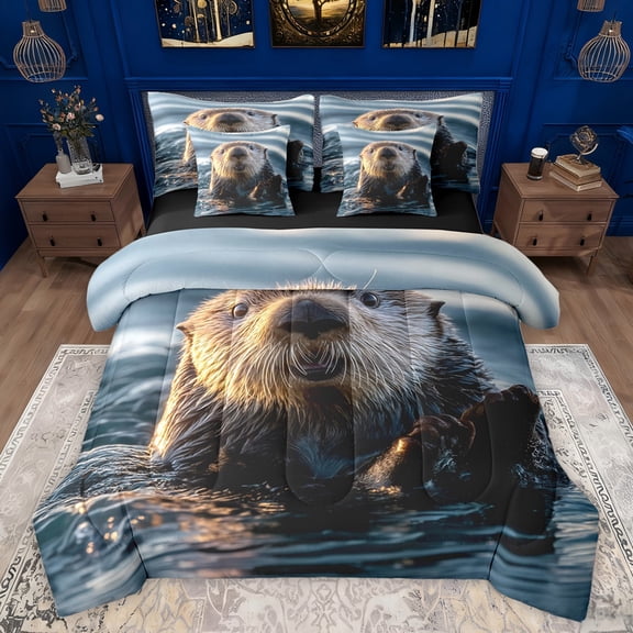 jejeloiu Wildlife Sea Otter 7-Piece Bedding Comforter Set,Ocean Animal King Bedding Sets,Blue Brown Bed Sheets For Boys,Super Cozy Room Decor Reversible