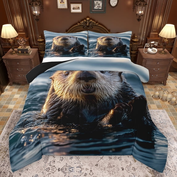 jejeloiu Wildlife Sea Otter Full Size Comforter Sets,Ocean Animal Bedding Comforter Set,Blue Brown Bedding Sets For Boys,Super Cozy Room Decor Reversible,3-Piece