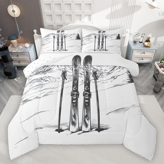 jejeloiu Winter Landscape Bedding Comforter Set,Skiing Gamer Gmae Twin Comforter Sets,Gray Ski Snowboard Bedding Set For Adults,Luxury Bedroom Decor Reversible,2 Pieces