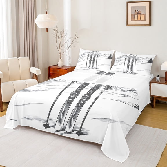 jejeloiu Winter Landscape Twin Sheet Sets,Skiing Gamer Gmae Twin Fitted Sheet,Gray Ski Snowboard Flat Sheet For Adults,Luxury Bedroom Decor,3 Pieces