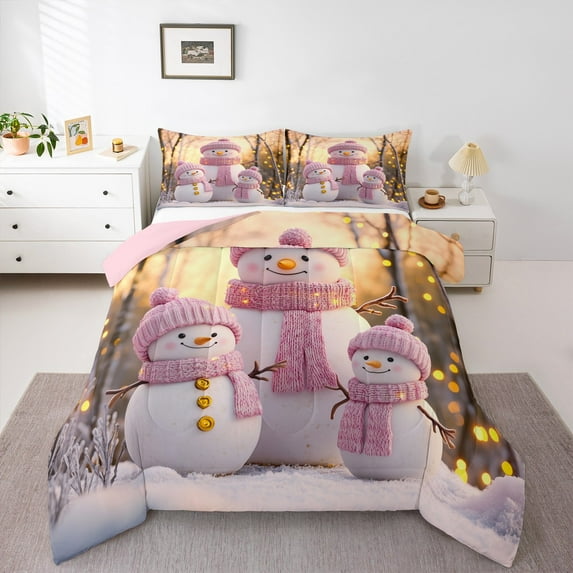 jejeloiu Winter Snowman Queen Comforter Set,Merry Christmas Bedding Sets,Happy New Year Bedding Comforter Set For Teens,Ultra Soft Home Decor Reversible,3-Piece
