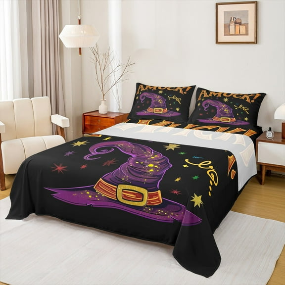 jejeloiu Witch Hats Twin Sheet Sets,Amuck Halloween Day Twin Fitted Sheet,Purple Orange Black Flat Sheet For Girls,Ultra Soft Home Decor,3-Piece