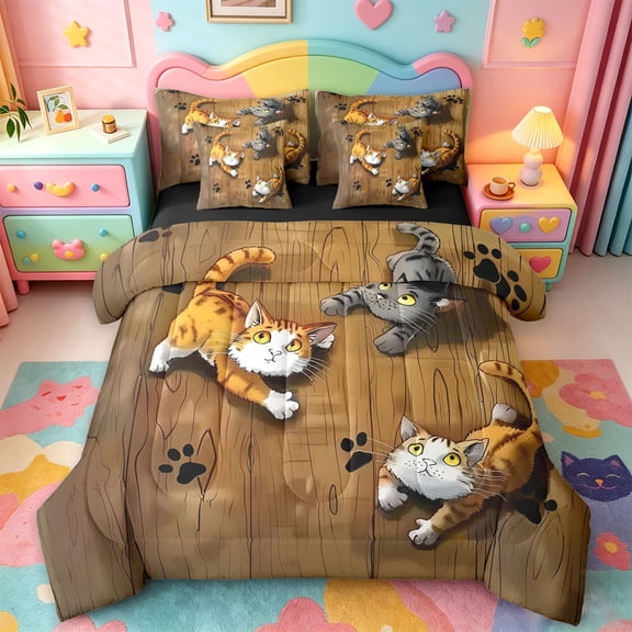 jejeloiu Wooden Floor Cat 7-Piece Twin Bedding Sets Kids,Nature Print Bedding Comforter Set,Reversible