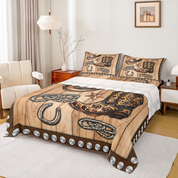 jejeloiu Wooden Western Cowboy Full Size Sheets Kids,Country Farmhouse Lodge Bed Sheets,4-Piece