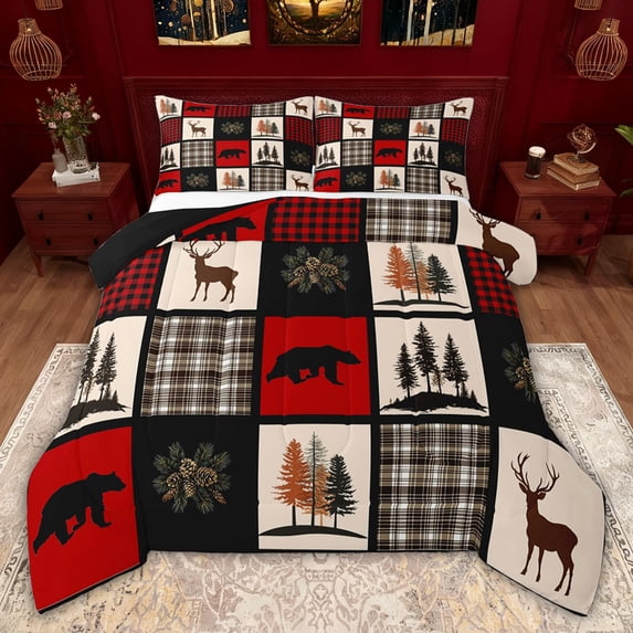 jejeloiu Woodland Animal Bear Full Size Comforter Sets,Jungle Wildlife Moose Bedding Sets For Adults Reversible 3-Piece