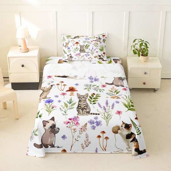jejeloiu Woodland Animal Cat Twin Sheet Sets For Girls,Wildflower Kitten Pattern Bedding For Girl,3 Pieces