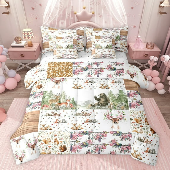 jejeloiu Woodland Animal Deer 7-Piece Bedding Comforter Set,Colorful Flowers Floral King Bedding Sets For Girls Kids Reversible
