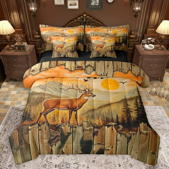 jejeloiu Woodland Animal Deer 7-Piece Bedding Comforter Set,Rustic Farmhouse Cabin King Bedding Sets,Vintage Aesthetic Artwork Bed Sheets For Boys Teens,Luxury Bedroom Decor Reversible