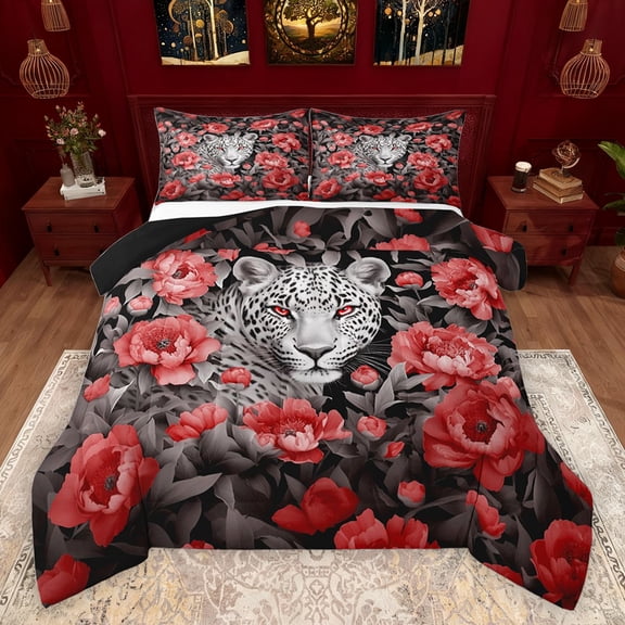 jejeloiu Woodland Animal Leopard Queen Comforter Set,Jungle Cheetah Bedding Sets,Red Gray Bedding Comforter Set For Adults,Breathable Home Decor Reversible,3-Piece