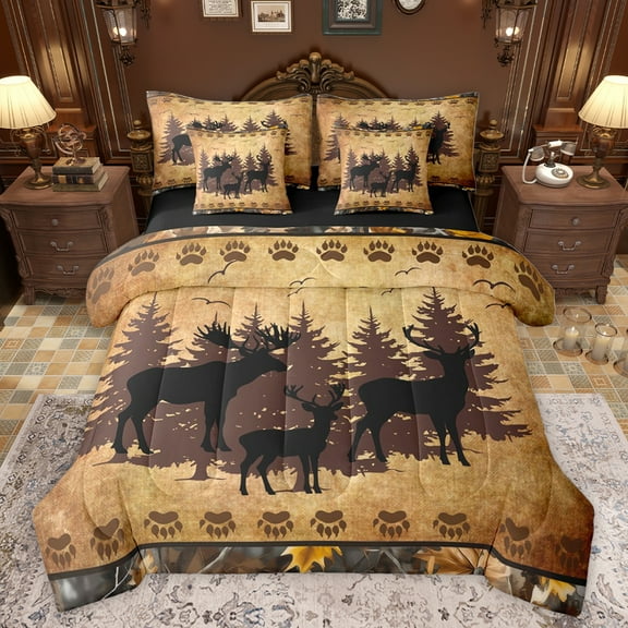 jejeloiu Woodland Animal Moose 7-Piece Bedding Comforter Set,Rustic Farmhouse Cabin King Bedding Sets,Brown Bear Paws Bed Sheets For Boys Teens,Luxury Bedroom Decor Reversible