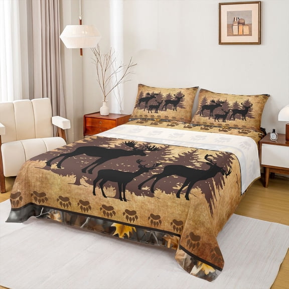 jejeloiu Woodland Animal Moose Bed Sheets,Rustic Farmhouse Cabin King Sheets,Brown Bear Paws Sheet Set For Boys Teens,Luxury Bedroom Decor,4-Piece