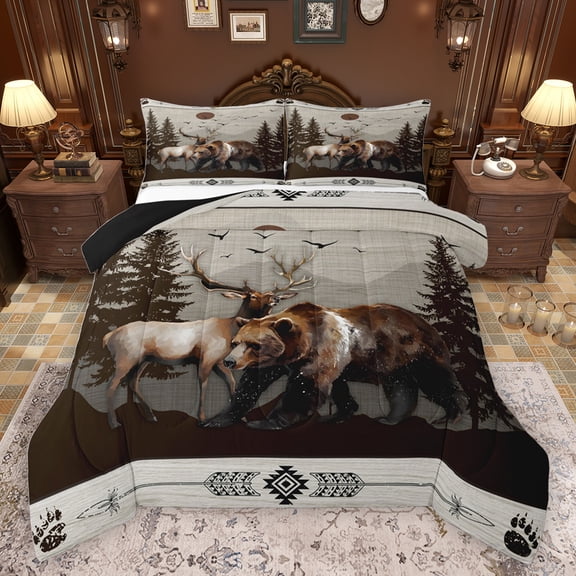 jejeloiu Woodland Animal Moose Bedding Comforter Set,Aztec Geometric Rhombus Twin Comforter Sets,Jungle Wildlife Bear Bedding Set For Teens,Ultra Soft Home Decor Reversible,2 Pieces