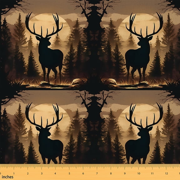 jejeloiu Woodland Animal Moose Fabric by the Yard 3 Yards,Deer Silhouette Sewing Fabric,Pine Moon Pattern Fabric for Sewing For Men Women,Microfiber Bedroom Decor