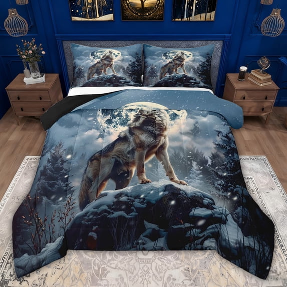jejeloiu Woodland Animal Wolf Twin Comforter Sets,Nature Landscape Mountain Bedding Set For Girls Kids Reversible 2pcs